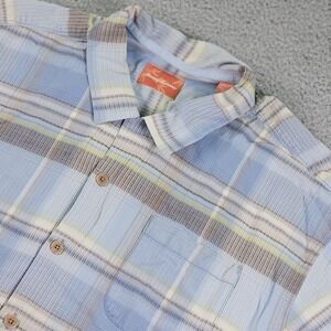 Tommy Bahama Shirt Mens 2XL Blue Plaid 100% Silk Button Up Short Sleeve Casual